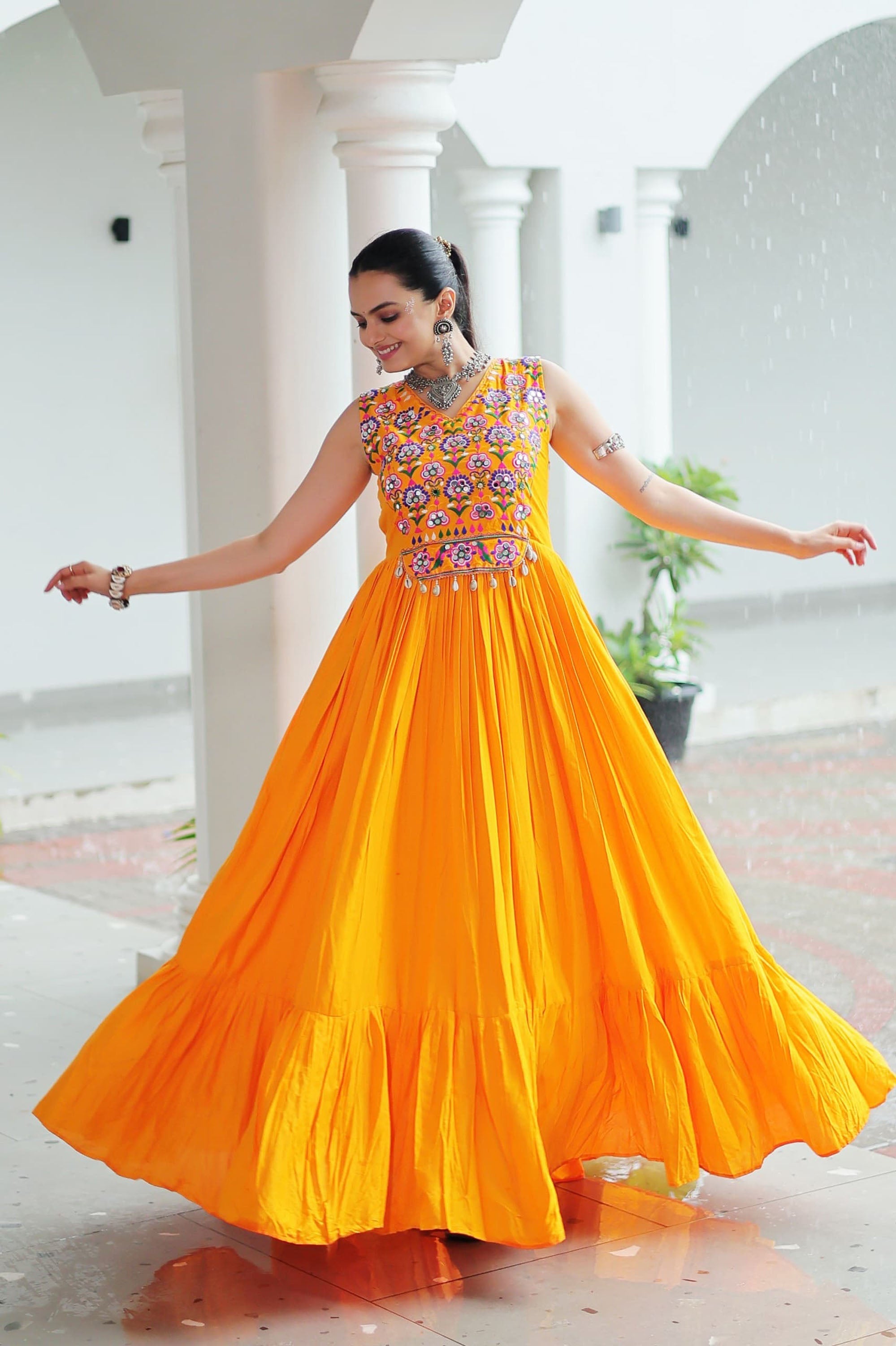 Lorenvalley Fashion Yellow Rayon Kutchi Gamthi Thread Embroidered & mirror Work Gown