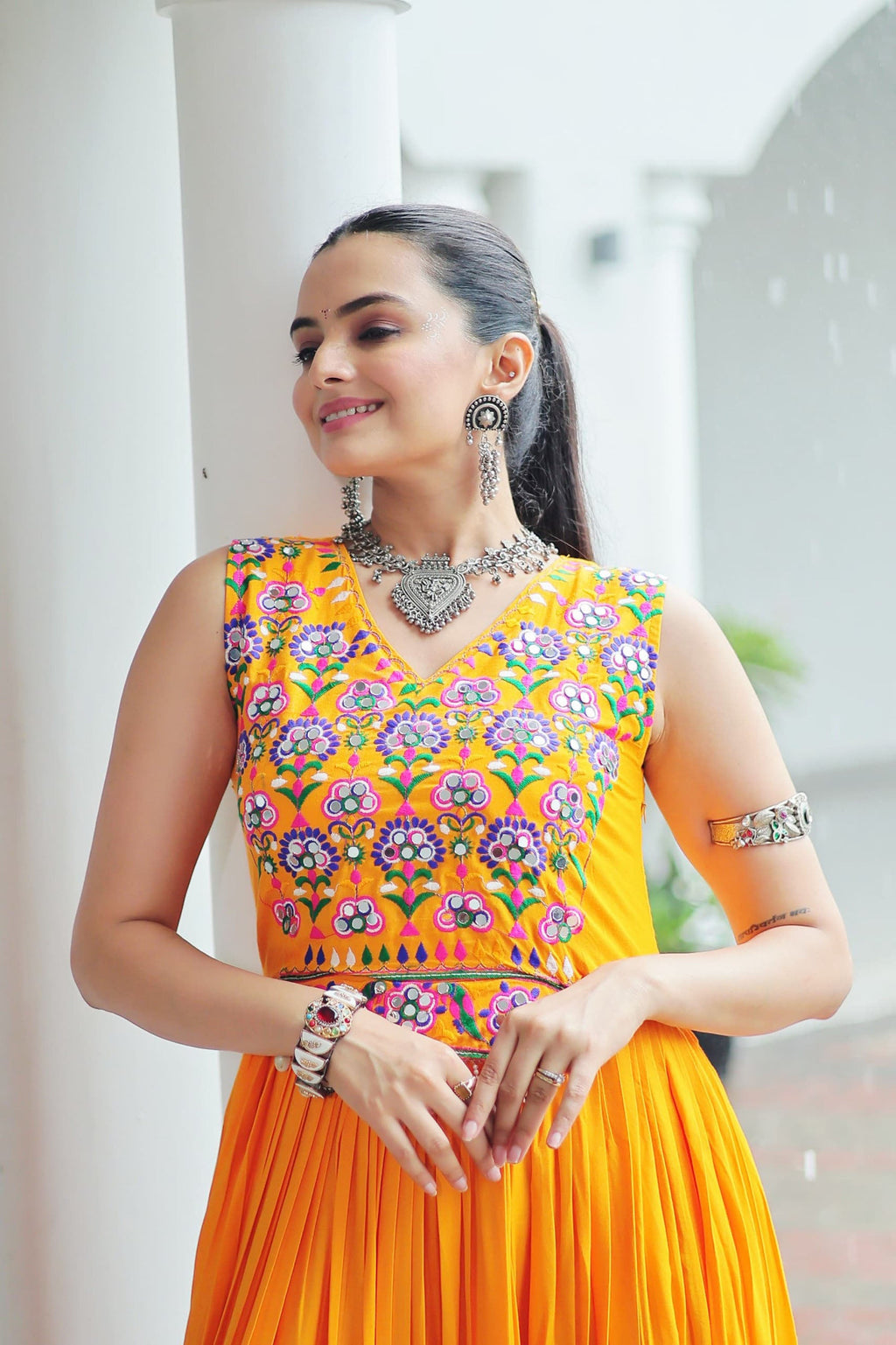 Lorenvalley Fashion Yellow Rayon Kutchi Gamthi Thread Embroidered & mirror Work Gown