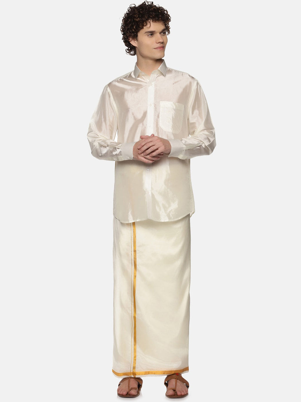 Sethukrishna Men Cream-Coloured Solid Art Silk Dhoti