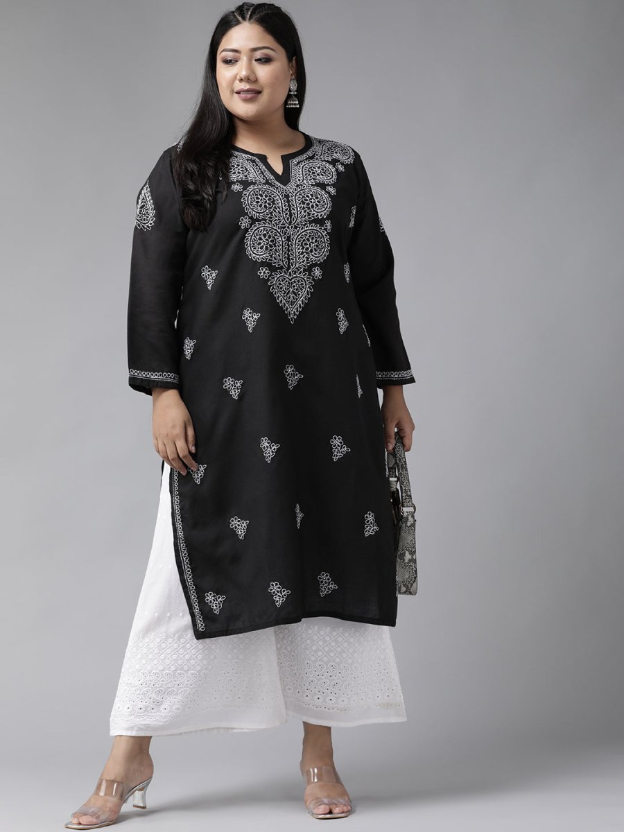 ADA Women Plus Size Black & White Chikankari Hand Embroidered Sustainable Straight Kurta