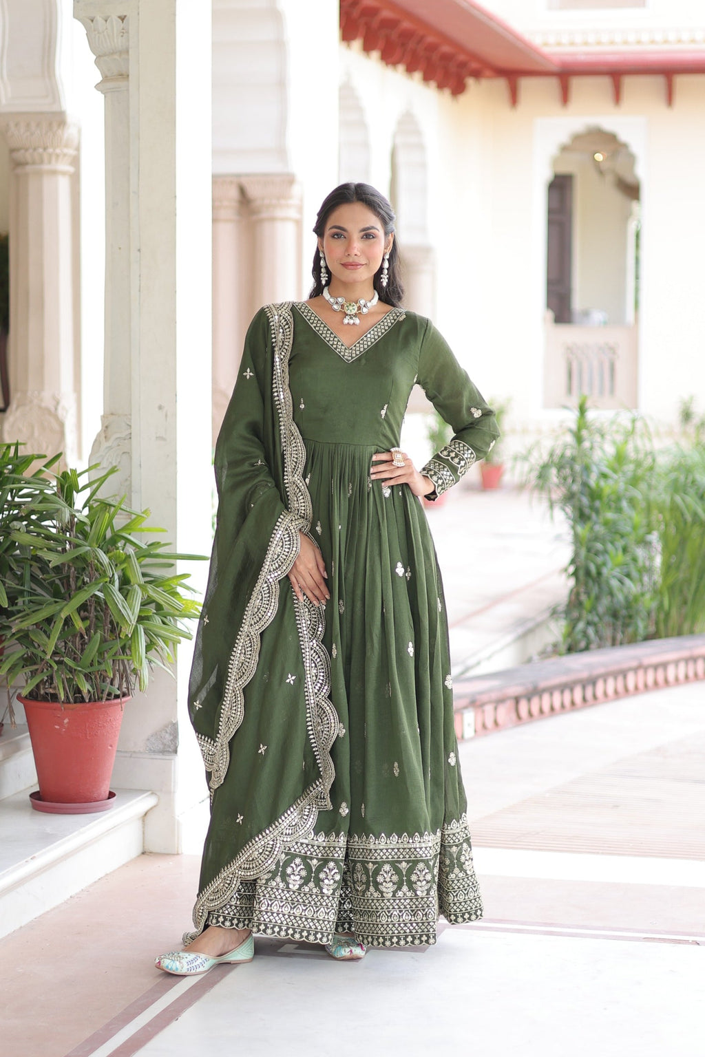 Lorenvalley Fashion Mehendi Vichitra Silk with Rich Sequins & Zari Embroidered work Anarkali Gown with Dupatta