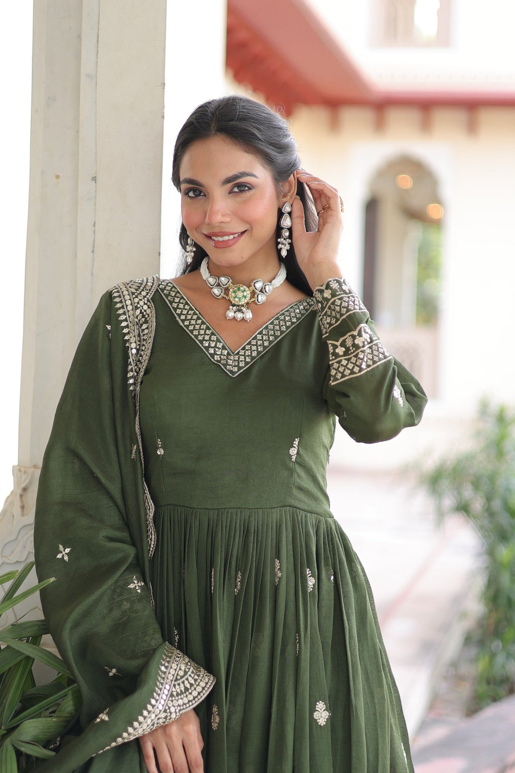Lorenvalley Fashion Mehendi Vichitra Silk with Rich Sequins & Zari Embroidered work Anarkali Gown with Dupatta