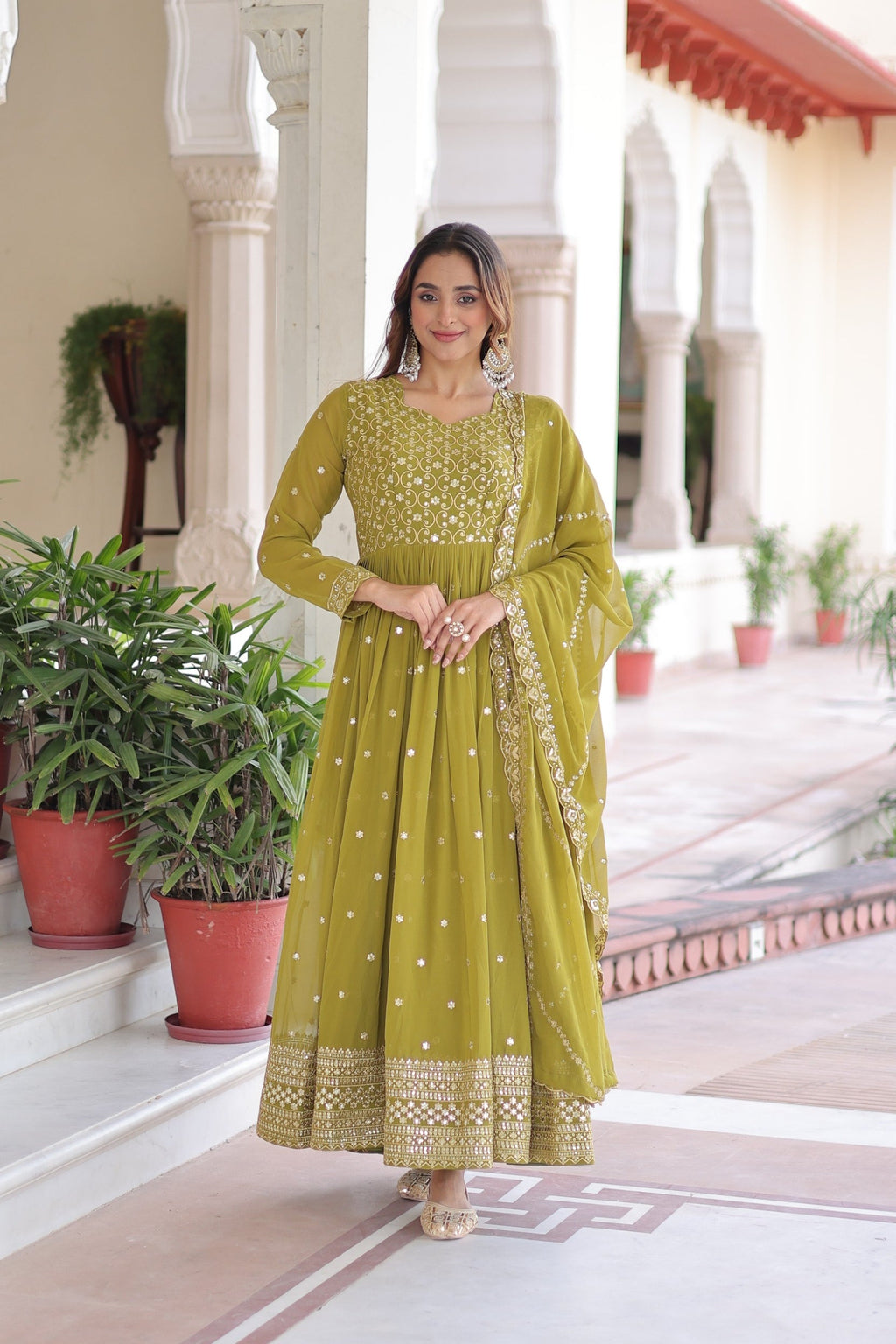 Lorenvalley Fashion Mehendi Faux Georgette with Rich Sequins & Zari Embroidered work Anarkali Gown with Dupatta