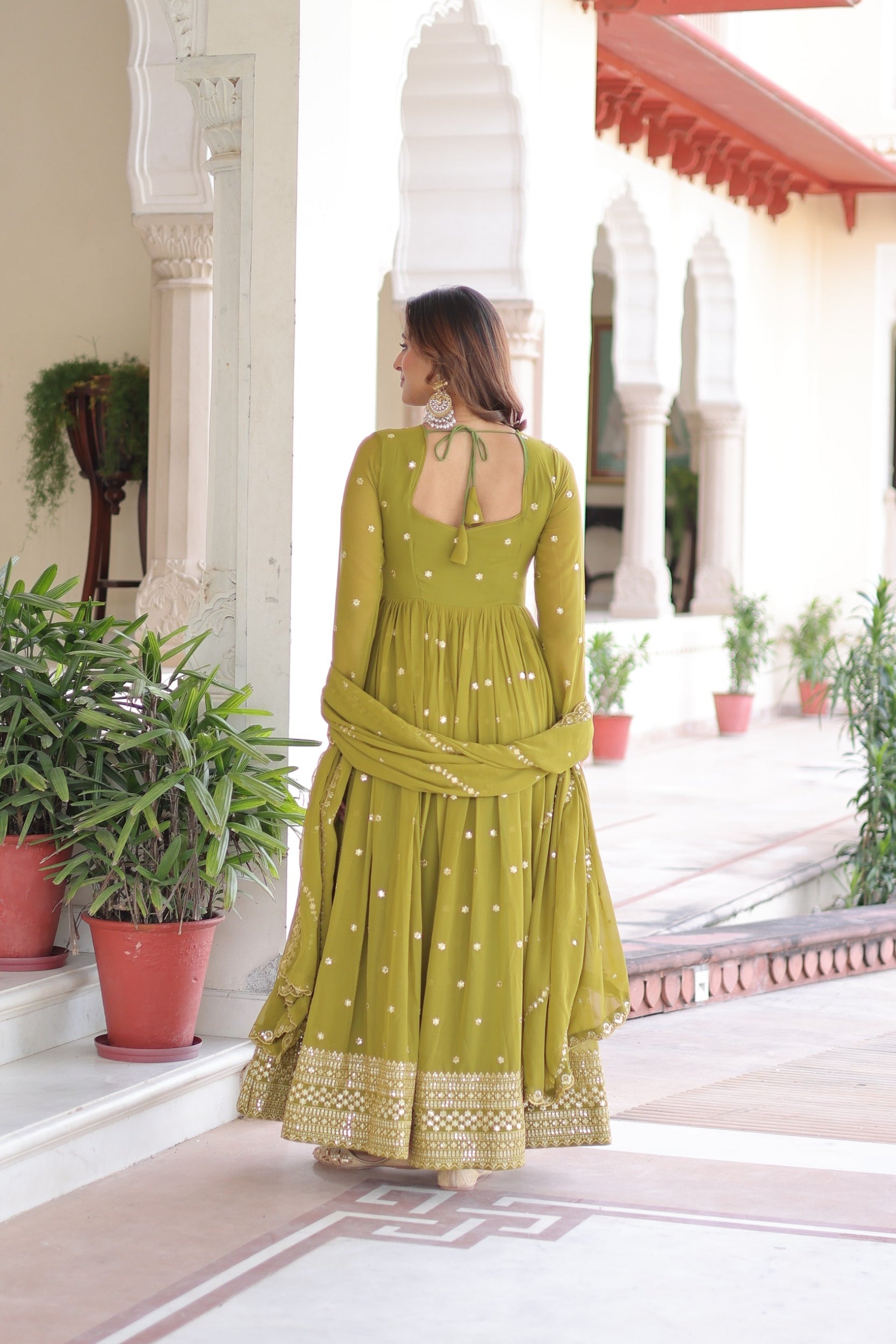 Lorenvalley Fashion Mehendi Faux Georgette with Rich Sequins & Zari Embroidered work Anarkali Gown with Dupatta