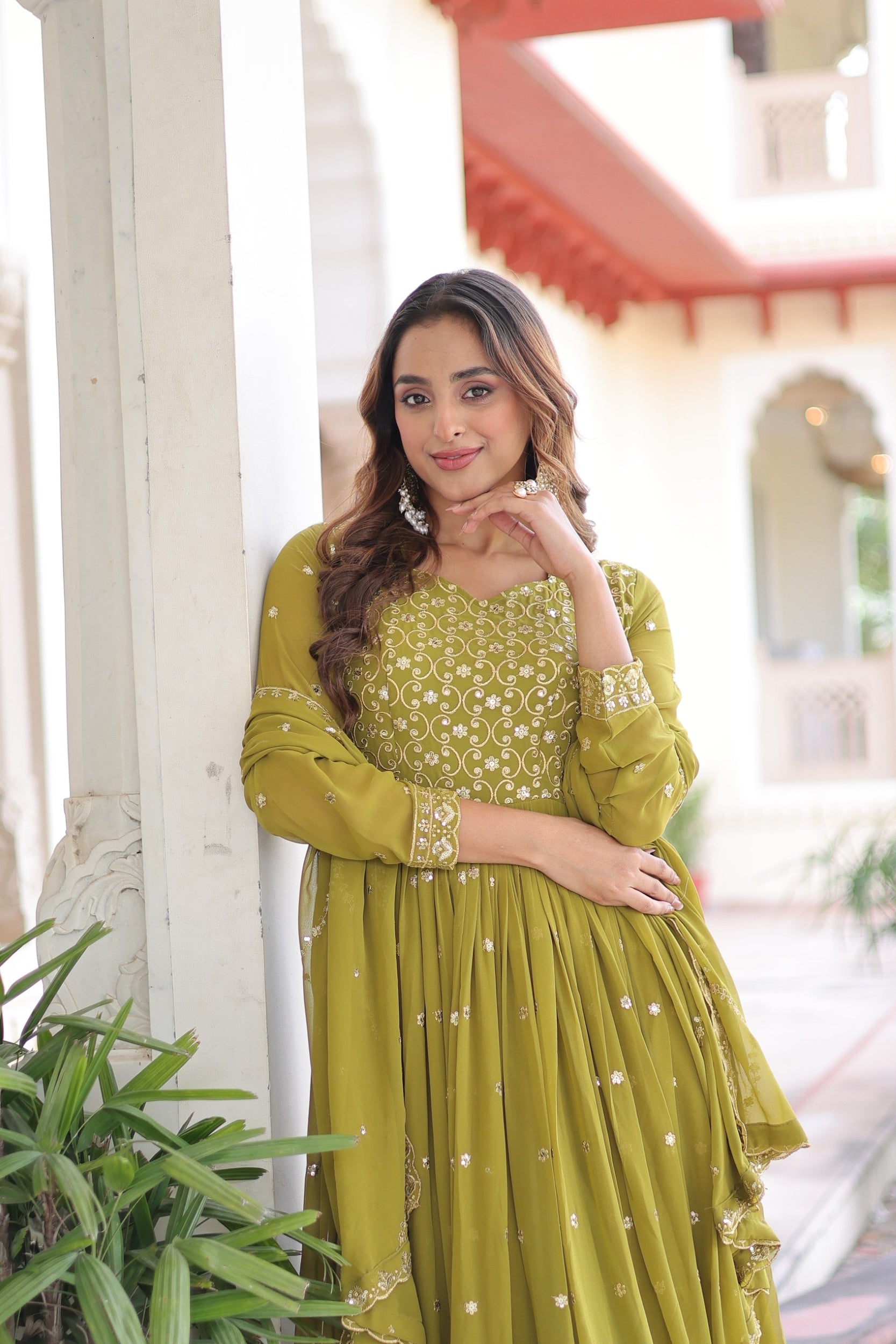 Lorenvalley Fashion Mehendi Faux Georgette with Rich Sequins & Zari Embroidered work Anarkali Gown with Dupatta