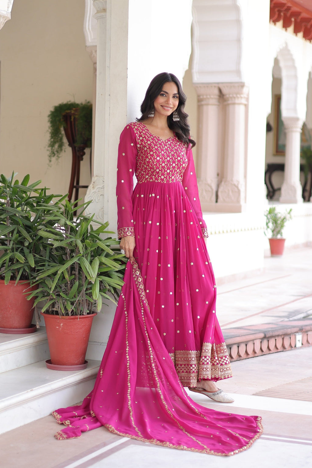 Lorenvalley Fashion Pink Faux Georgette with Rich Sequins & Zari Embroidered work Anarkali Gown with Dupatta