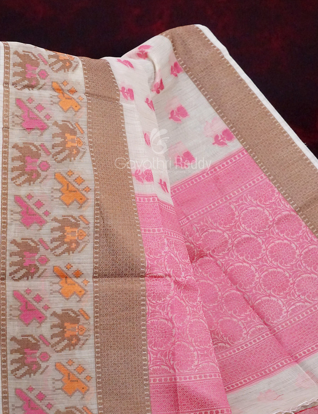 Combo of Cream and Pink with Floral Buttes Banarasi Munga Kota Saree By Gayathri Reddy Designer Studio