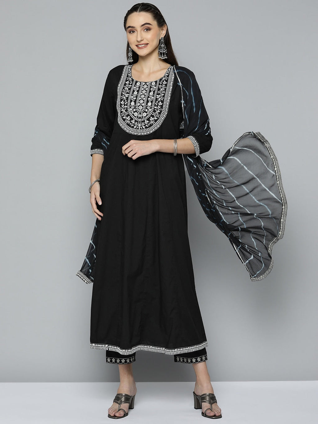 HERE&NOW Women Black Ethnic Motifs Embroidered Kurta with Trousers & With Dupatta
