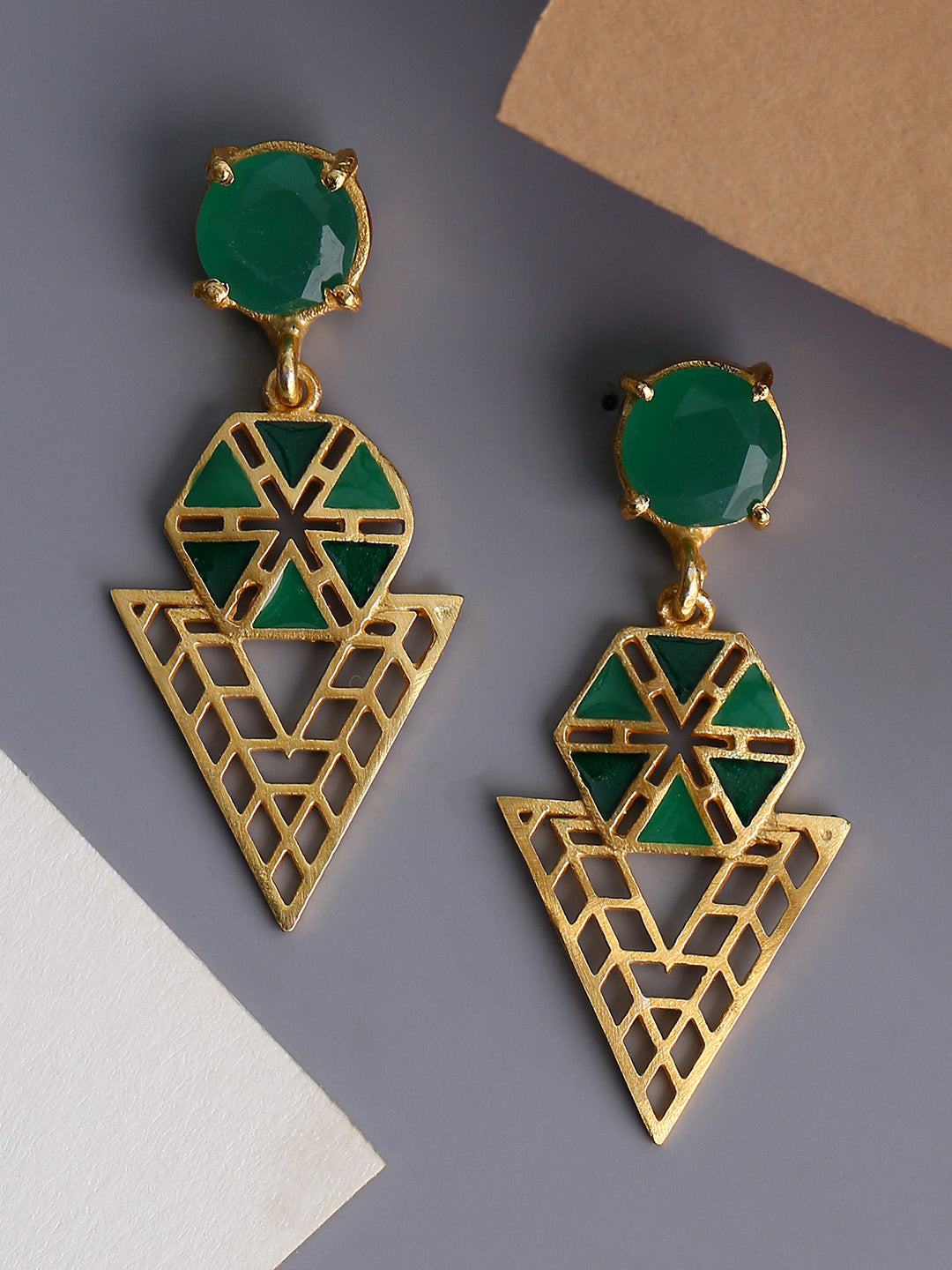 Shoshaa Green Gold-Polished Enamelled Contemporary Drop Earrings