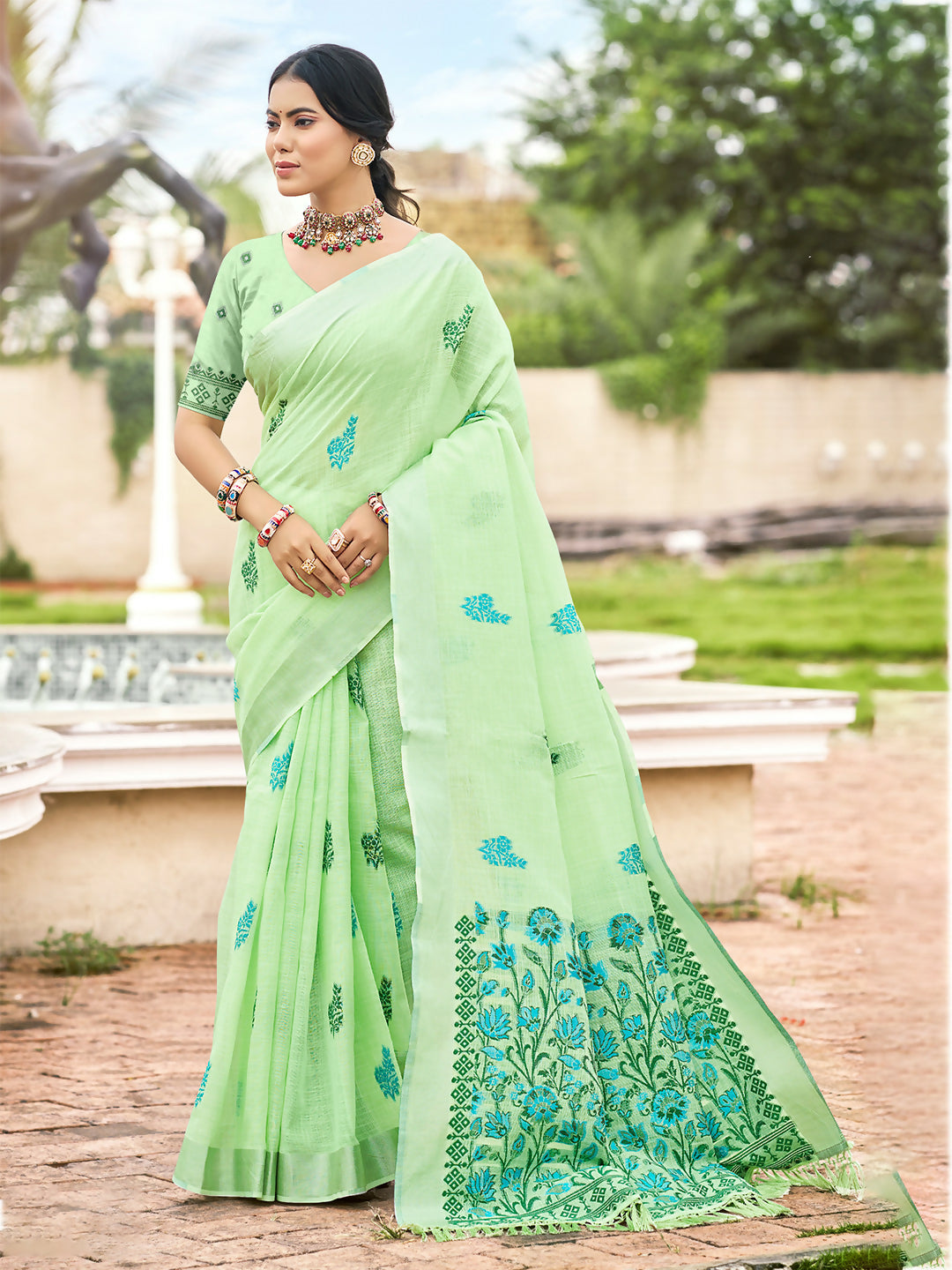 Sangam Prints Parrot Green Linen Woven Work Traditional Saree