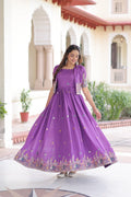 Lorenvalley Fashion Purple Vichitra Silk with Sequins, Zari & Thread Embroidered work Gown with Koti