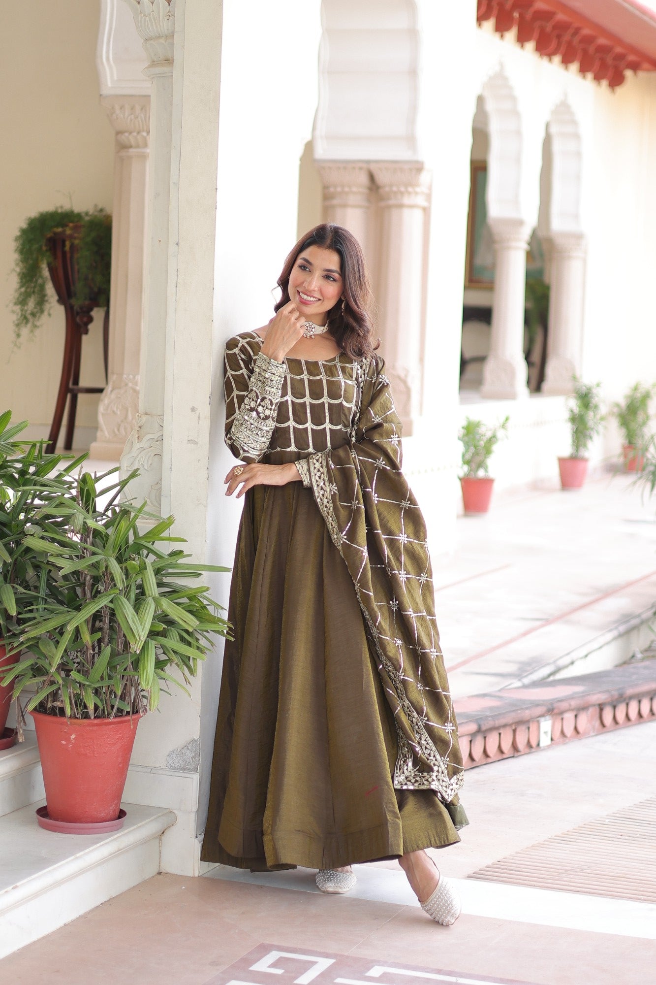 Lorenvalley Fashion Mehendi Vichitra Silk with Rich Sequins & Zari Embroidered work Anarkali Gown with Dupatta