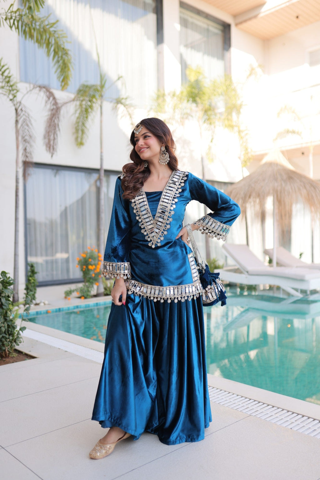 Lorenvalley Fashion Rama Velvet with Rich Zari Embroidered & Real Mirror work Kurta Palazzo with Dupatta