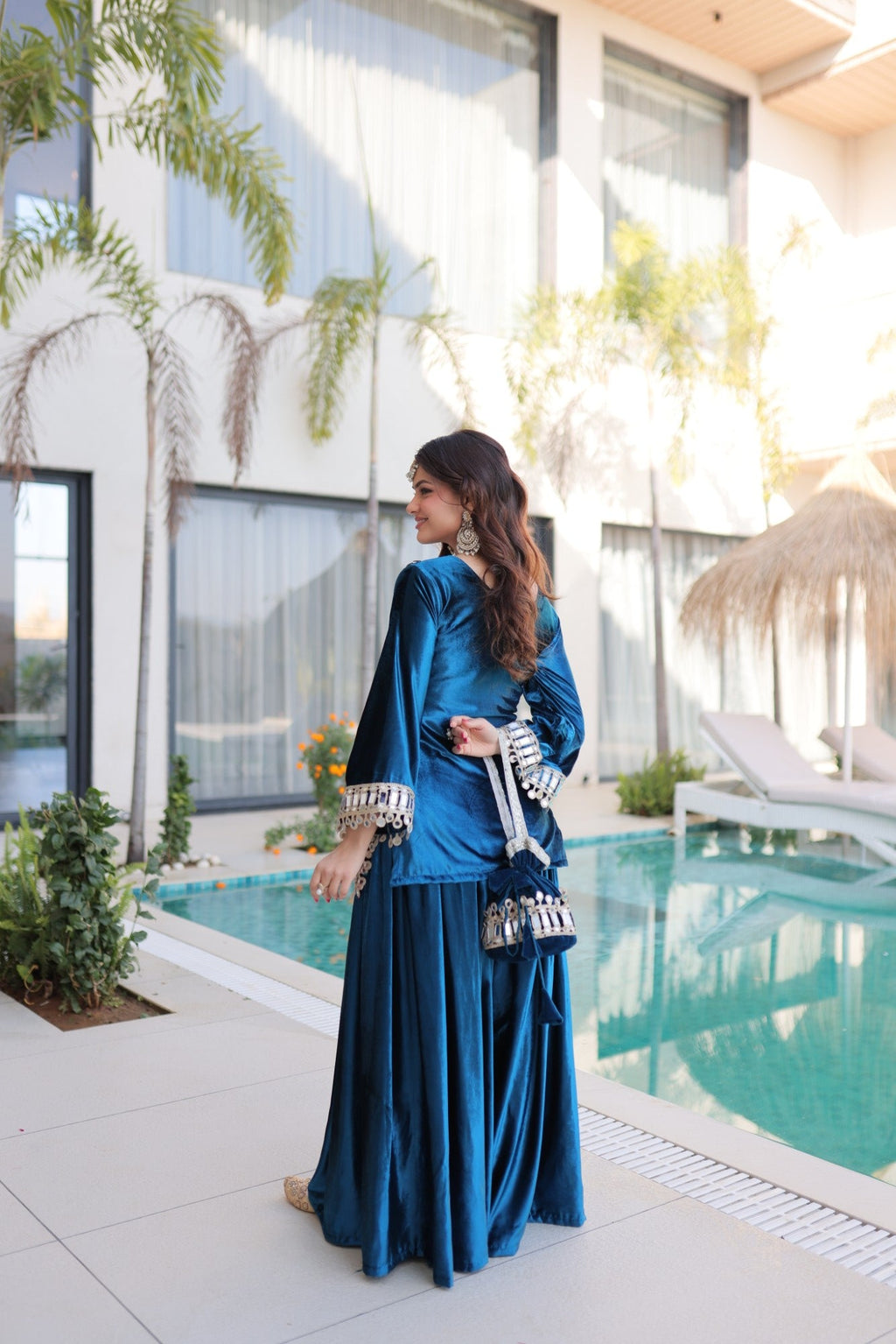 Lorenvalley Fashion Rama Velvet with Rich Zari Embroidered & Real Mirror work Kurta Palazzo with Dupatta