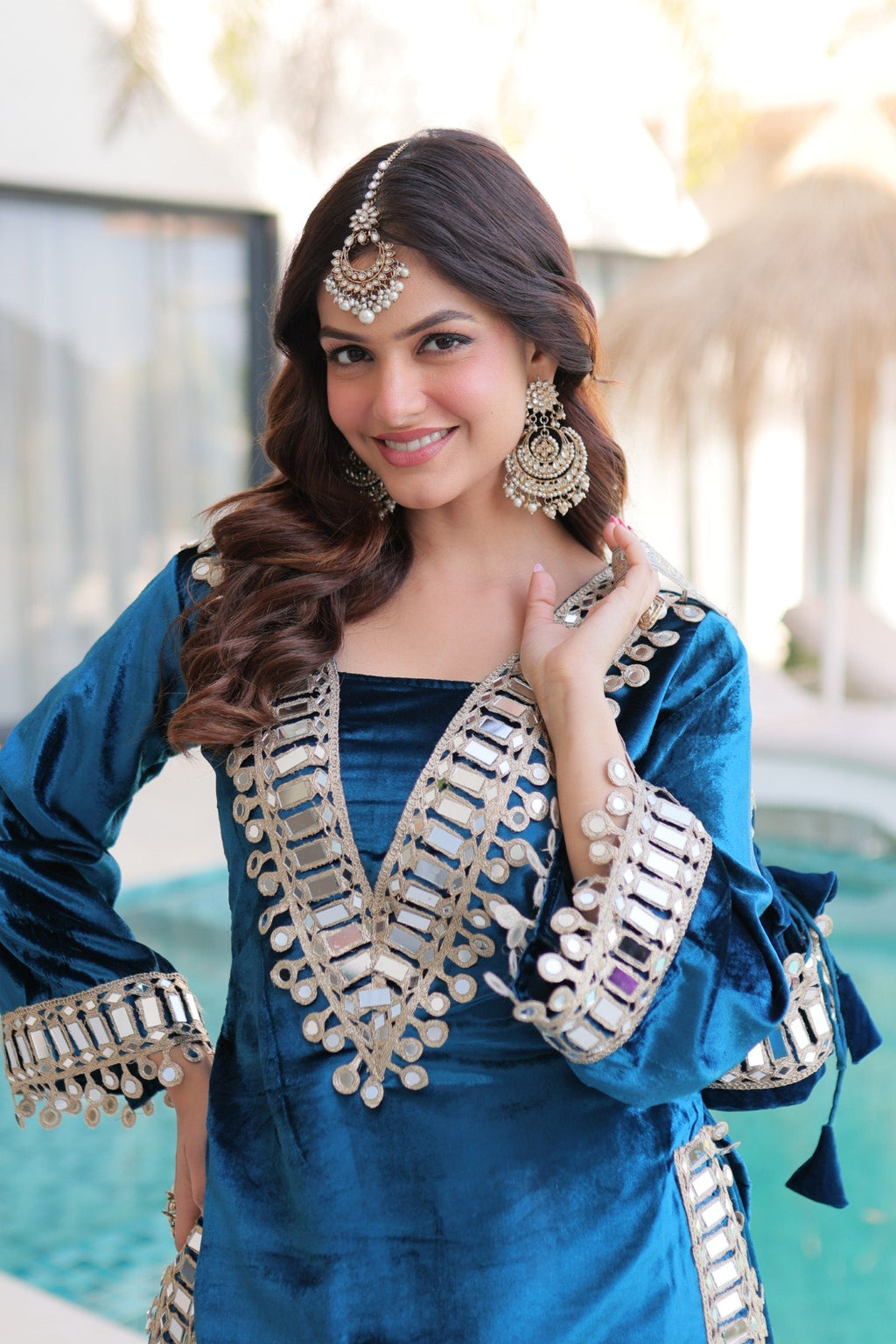 Lorenvalley Fashion Rama Velvet with Rich Zari Embroidered & Real Mirror work Kurta Palazzo with Dupatta