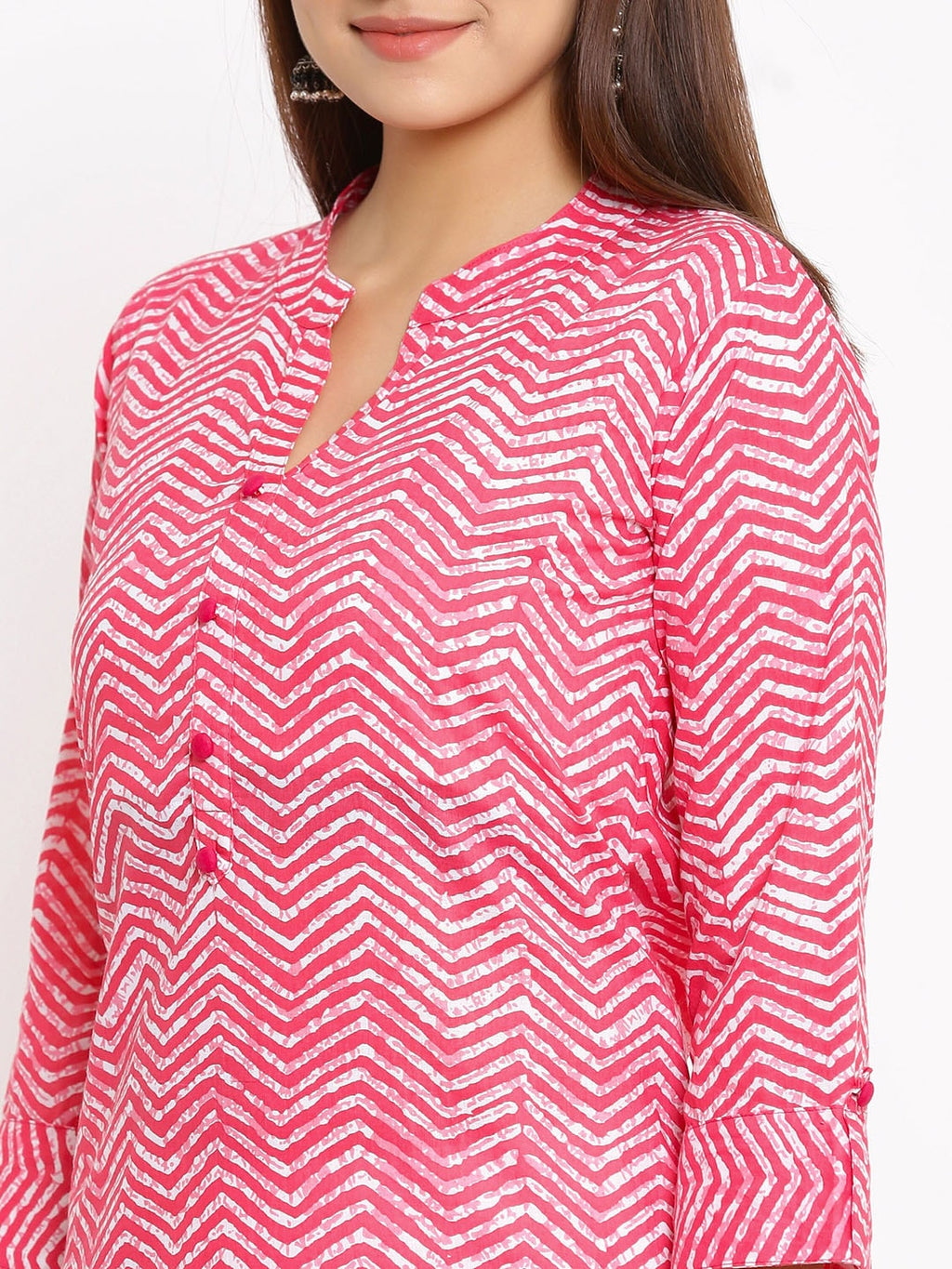 HERE&NOW Pink Chevron Printed Regular Kurta with Trousers