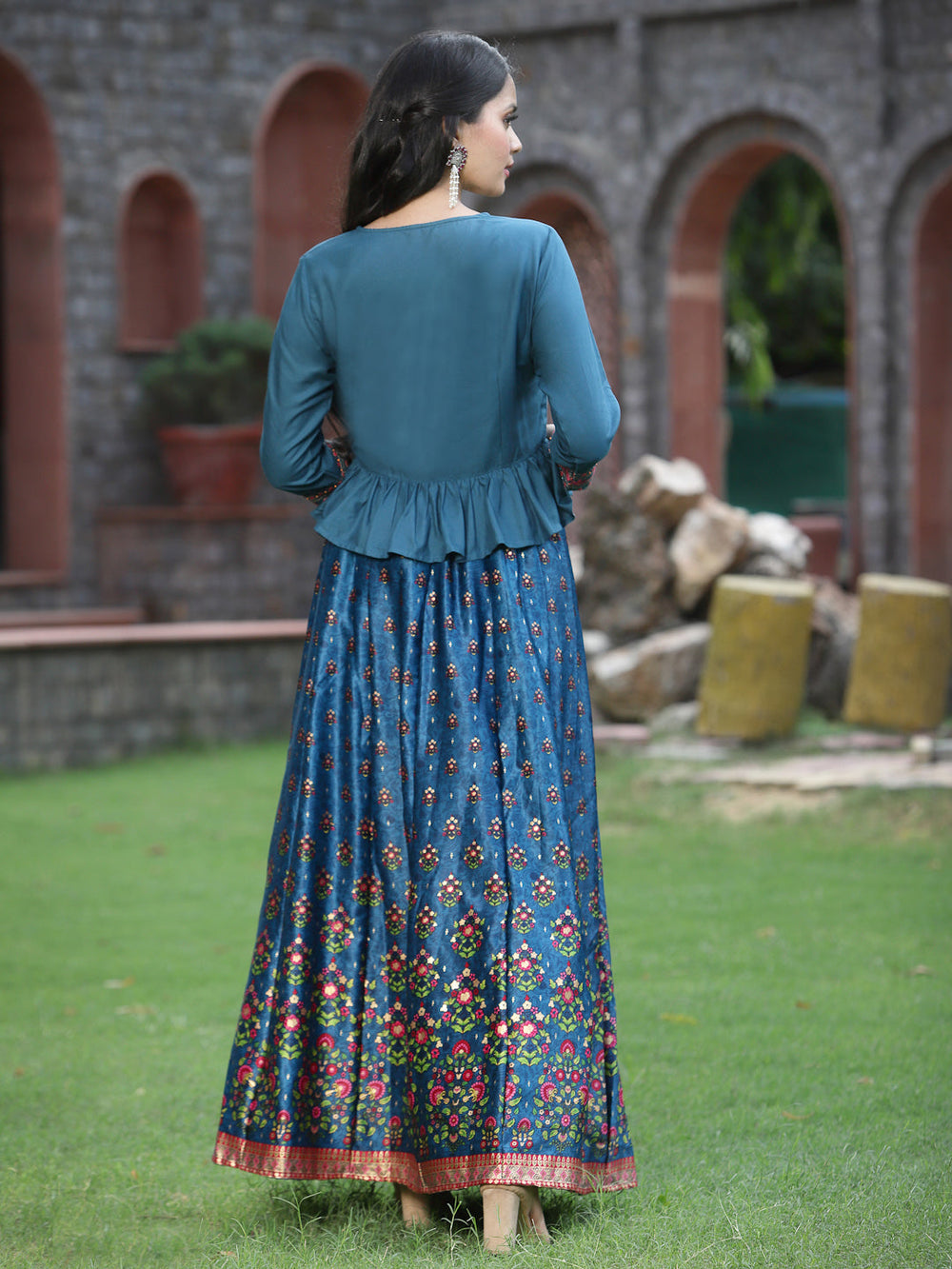Juniper Women`s Teal Satin Embroidered Flared Lehenga Choli Sets