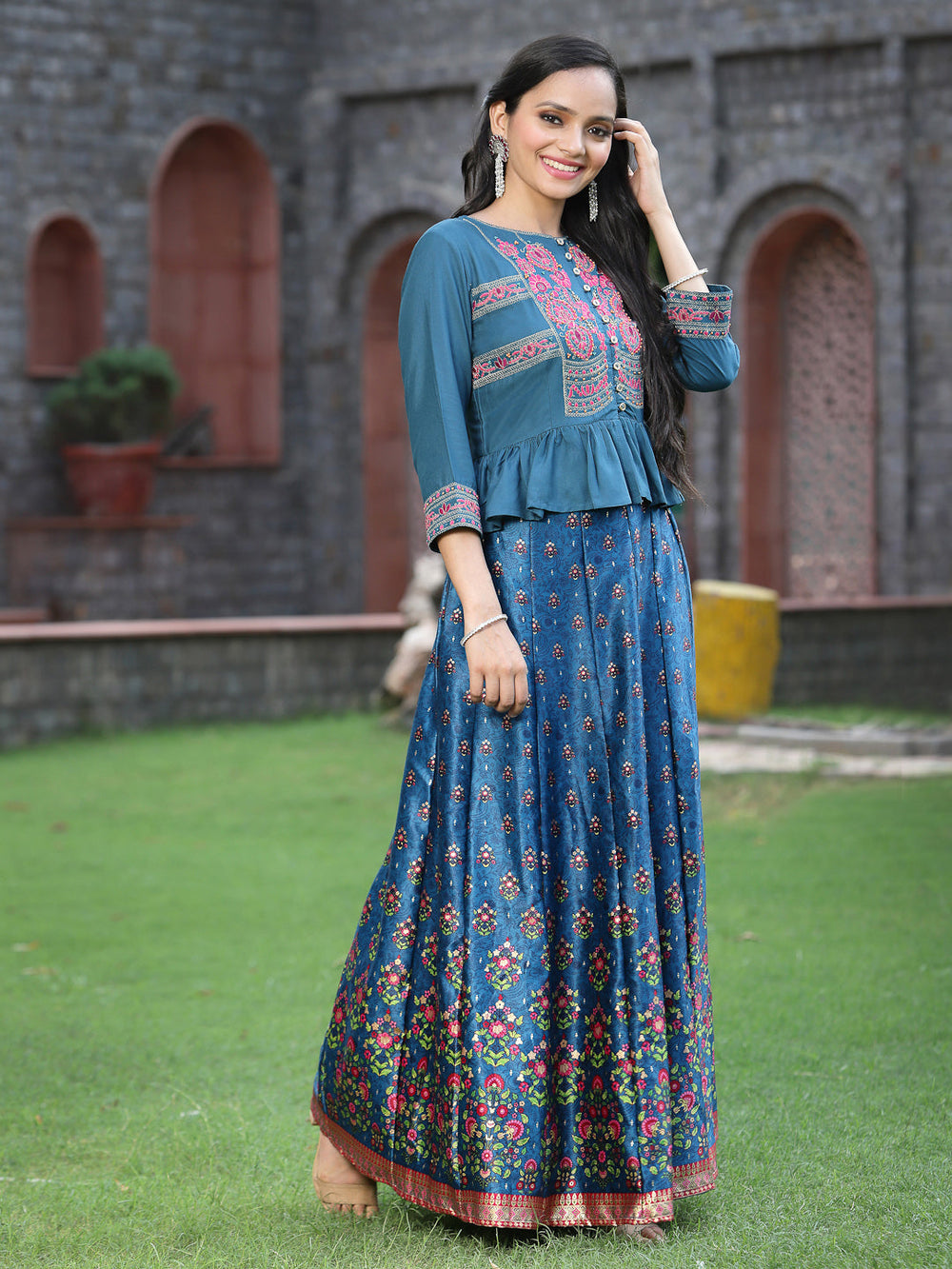 Juniper Women`s Teal Satin Embroidered Flared Lehenga Choli Sets