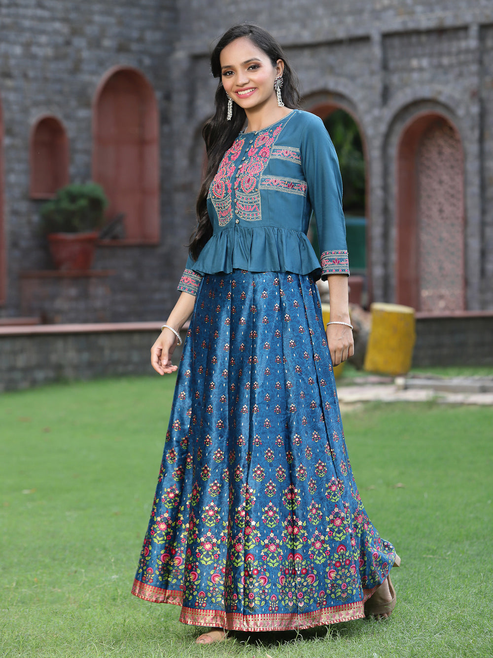 Juniper Women`s Teal Satin Embroidered Flared Lehenga Choli Sets