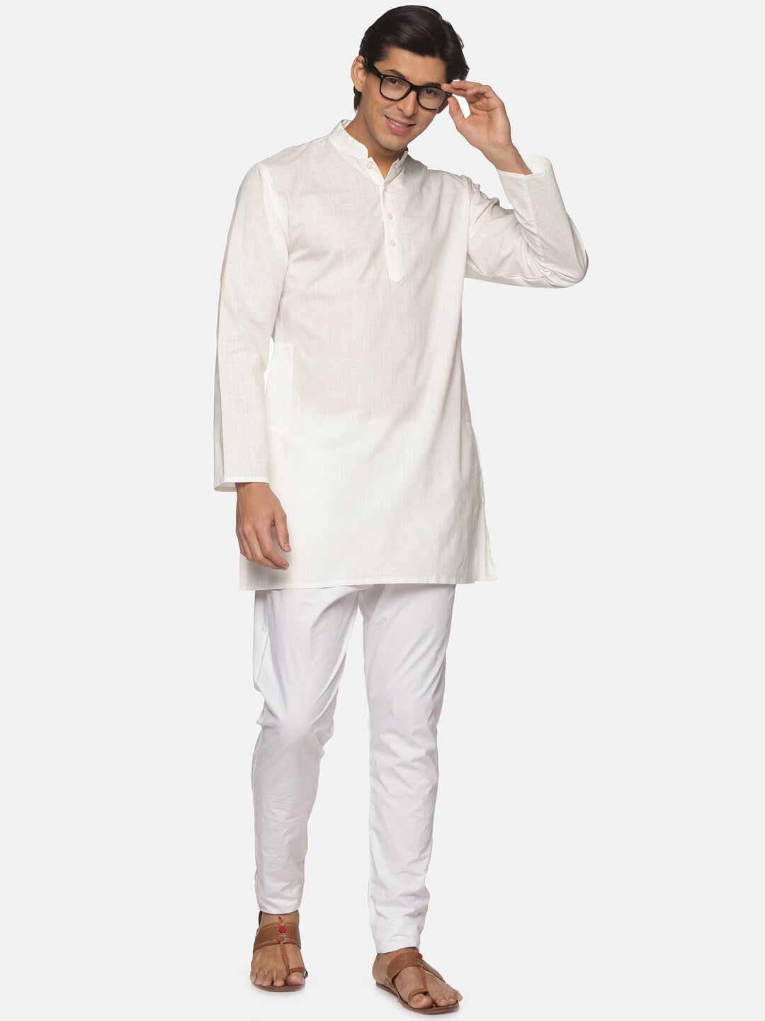 Sethukrishna Men Cream-Coloured Pure Cotton Kurta with Pyjamas