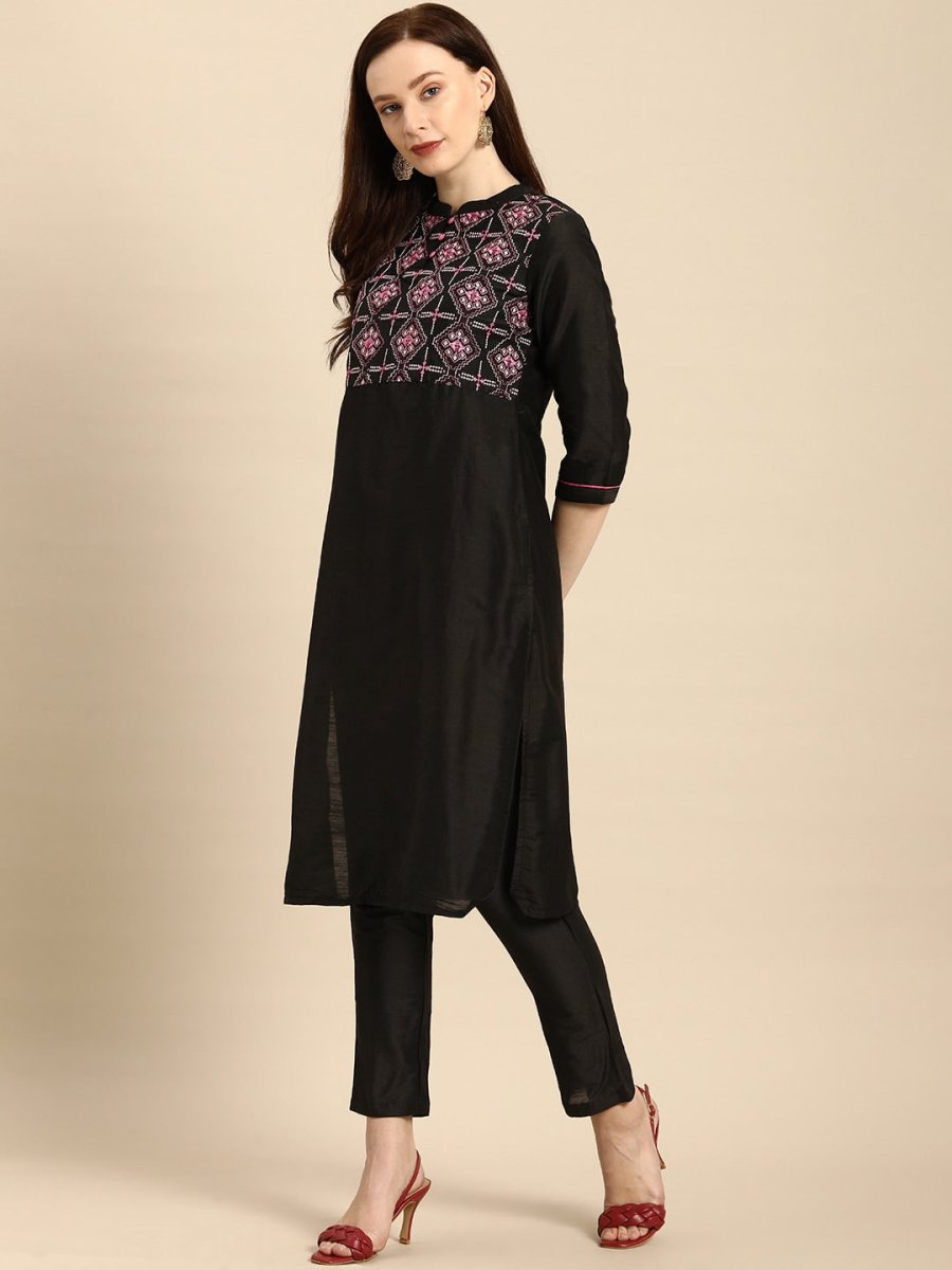 All About You Women Black Embroidered Kurta with Trousers