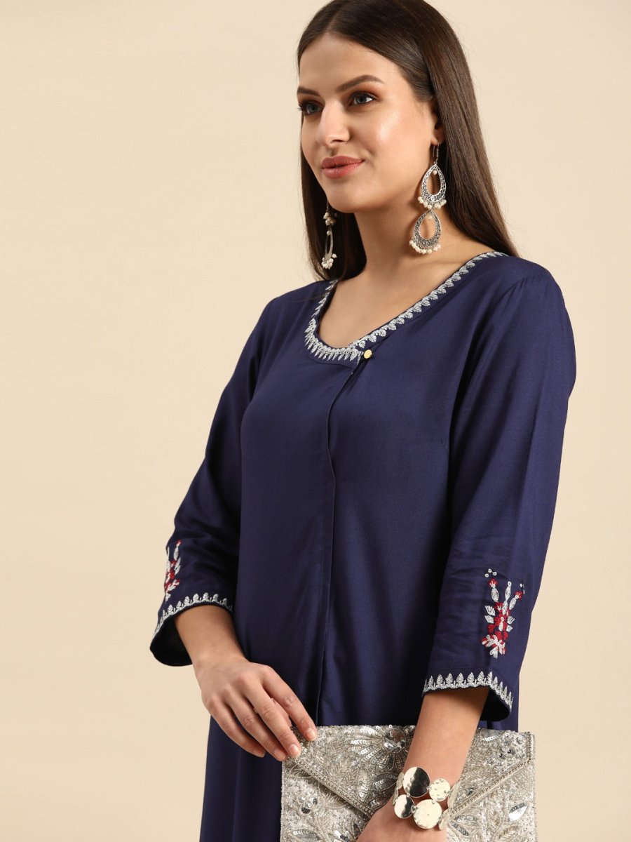 All About You Women Navy Blue Embroidered Kurta with Trousers