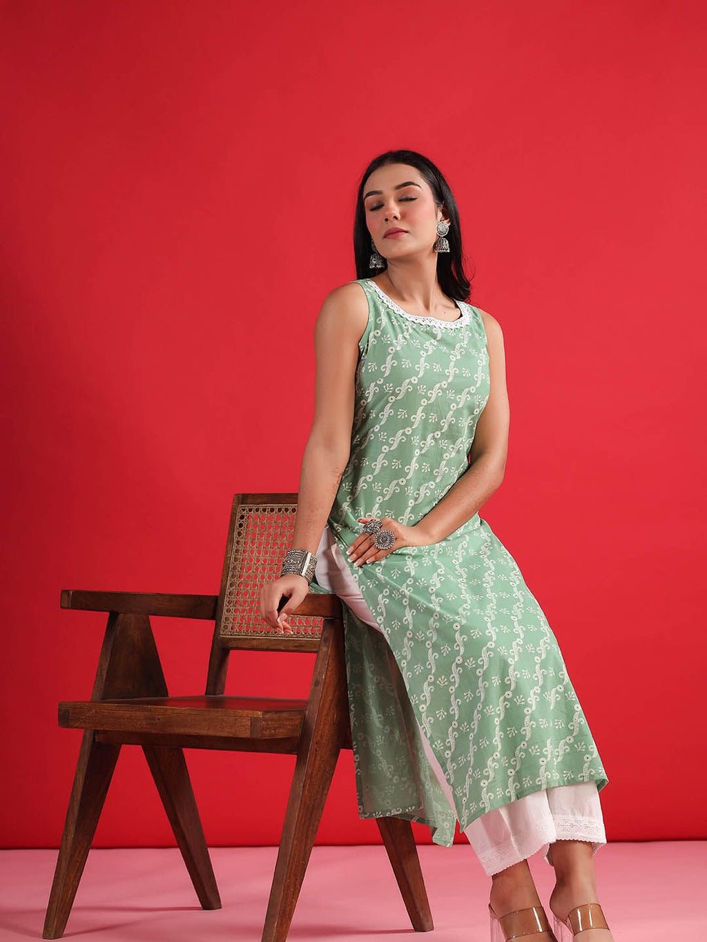 Indo Era Geometric Printed Round Neck Sleeveless Gotta Patti Cotton Straight Kurta