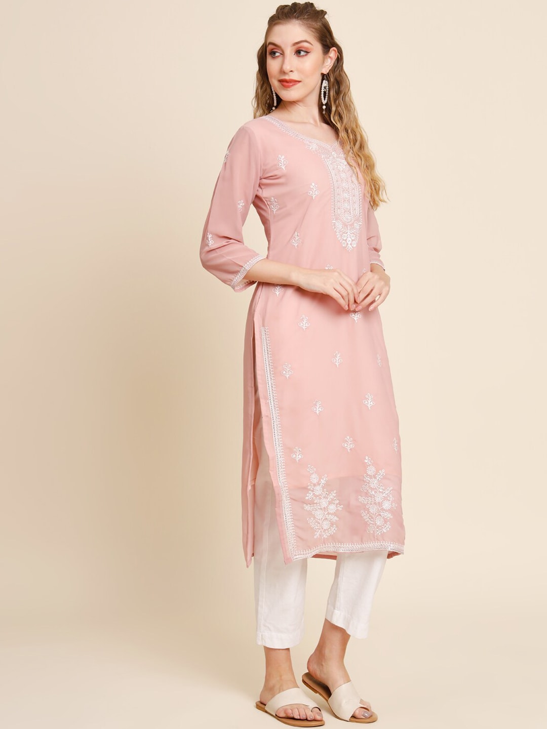 HERE&NOW Ethnic Motifs Embroidered Sequined Georgette Kurta