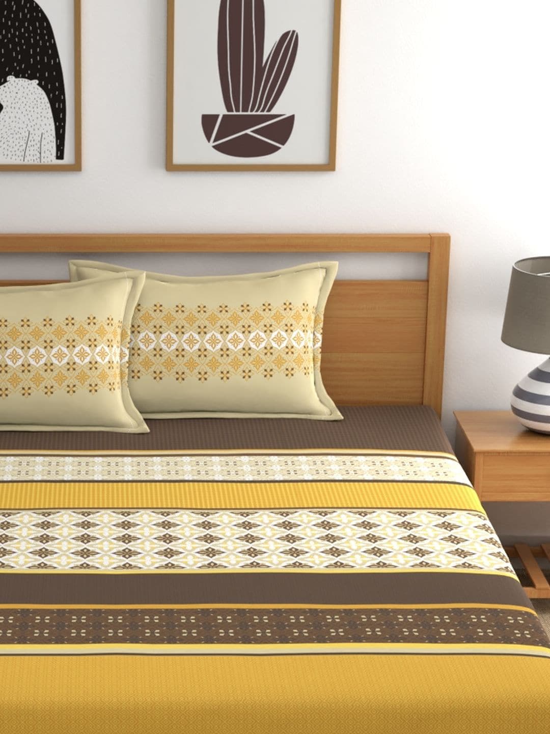 Home Ecstasy Mustard & White Ethnic Motifs 140 TC King Bedsheet with 2 Pillow Covers