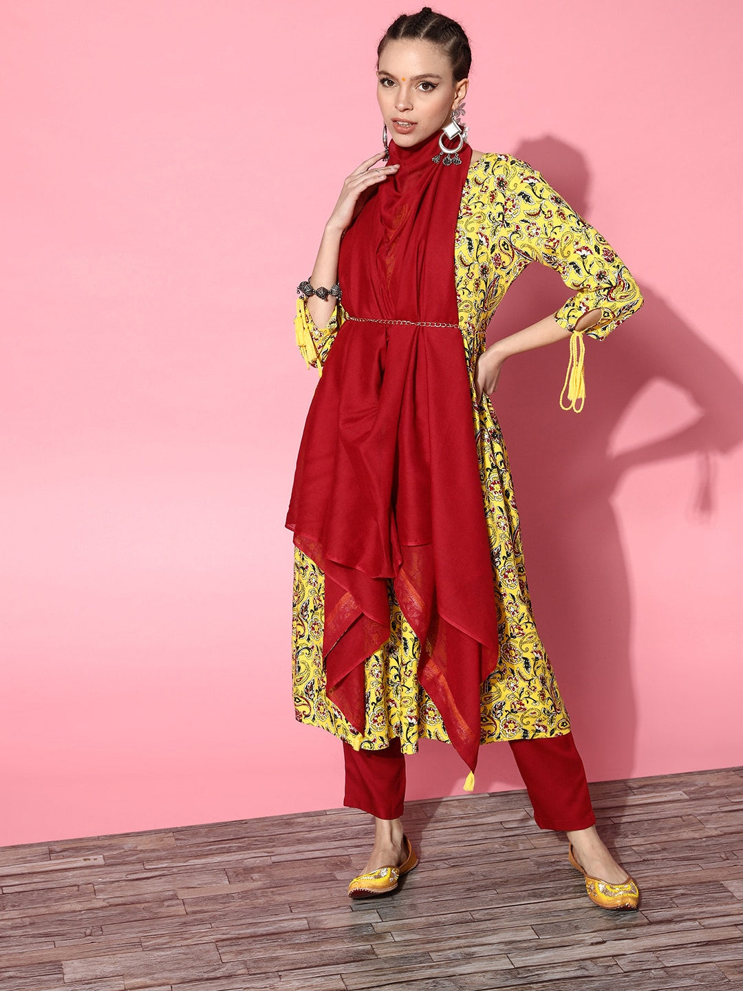 HERE&NOW Yellow & Red Ethnic Motifs Print Parade Anarkali Kurta with Trousers & Dupatta