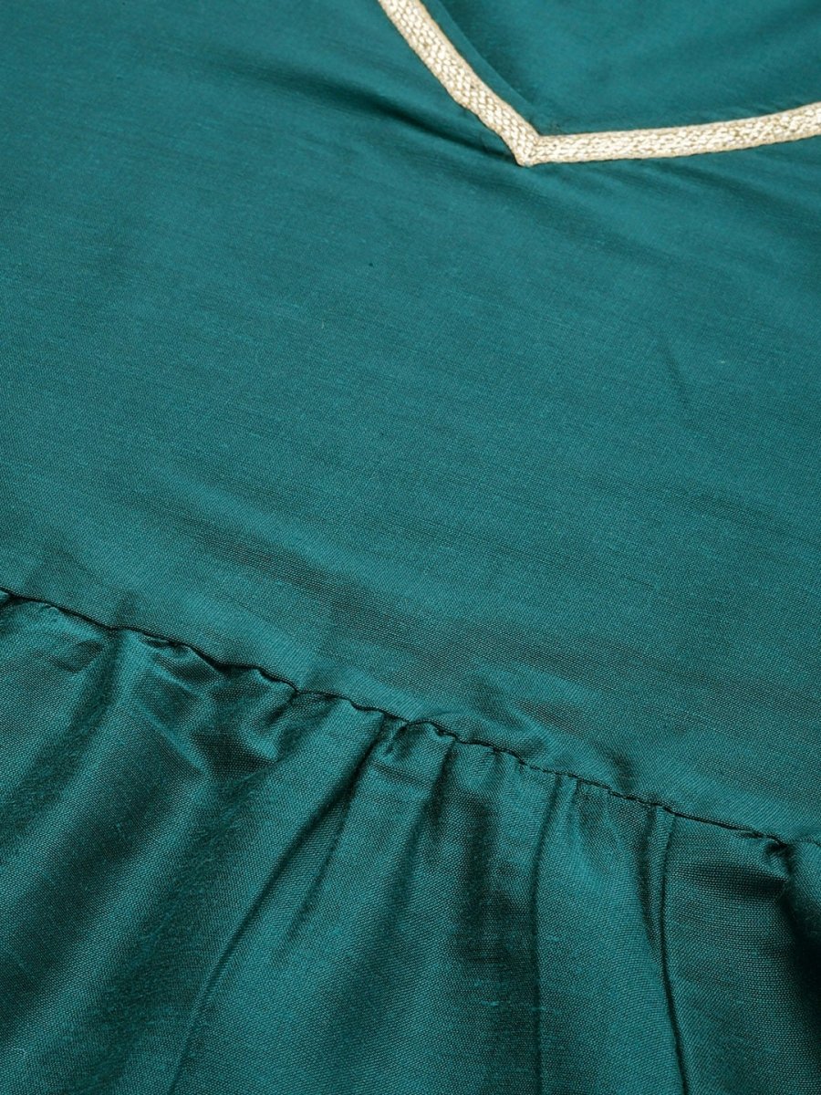All About You Women Teal Green Solid V-Neck Anarkali Kurta with Trousers & Dupatta