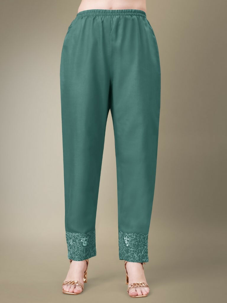 Jyoti Fashion Women's Teal Cotton Blend Embroidery & Fancy Lace work Kurta with Trouser & Dupatta