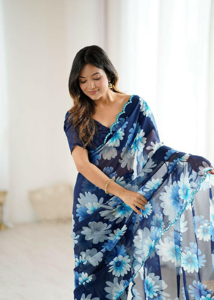 PR Fashion Blue Georgette Printed With Mirror Work Saree