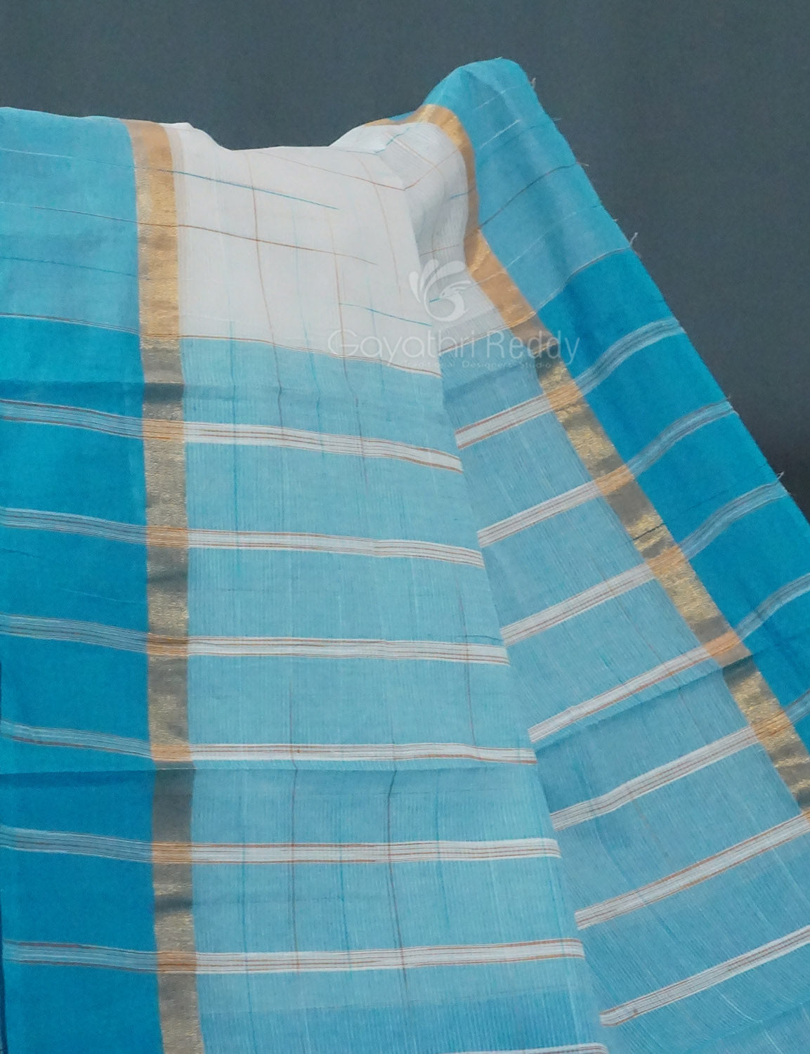 Dual Shade of Milk White And Sky Blue Pure Mangalgiri Cotton By Gayathri Reddy Designer Studio