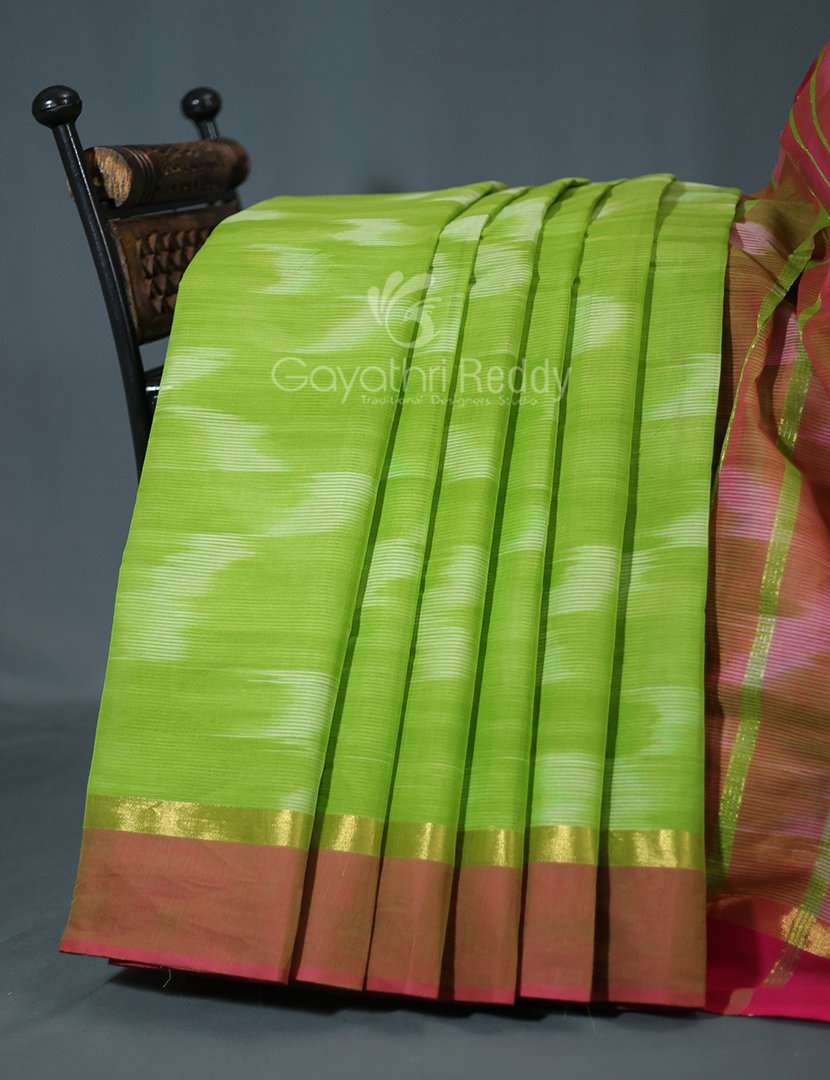 Dual Shades of Parrot Green And Pink Mangalagiri Ikkat Cotton Saree By Gayathri Reddy Designer Studio