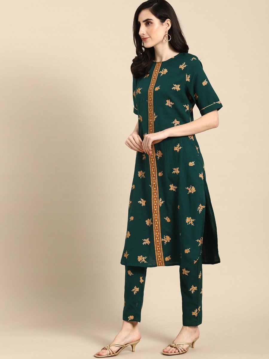 All About You Women Green & Brown Floral Printed Regular Pure Cotton Kurta with Trousers