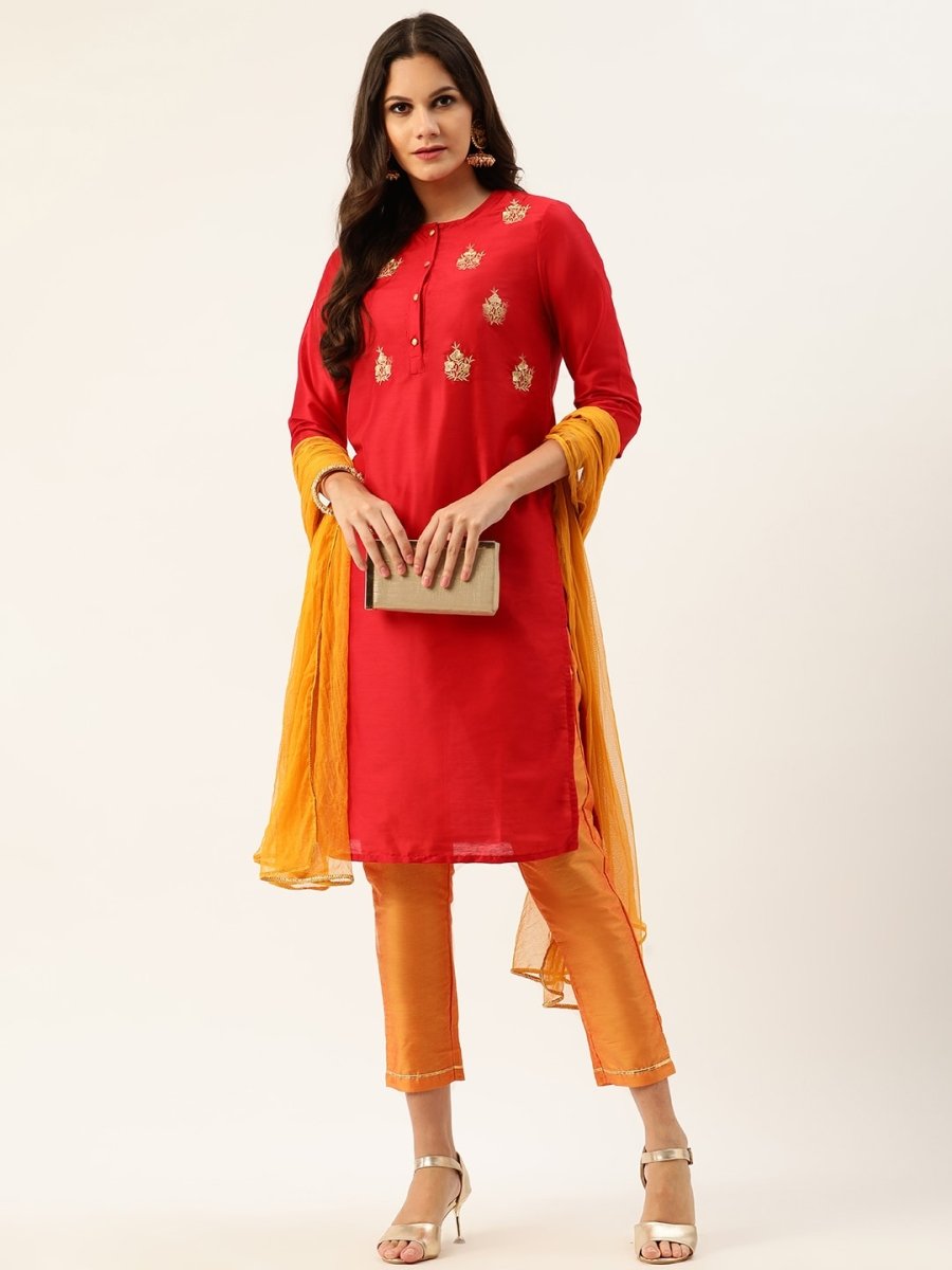 All About You Women Red & Orange Embroidered Yoke Design Kurta set with Dupatta