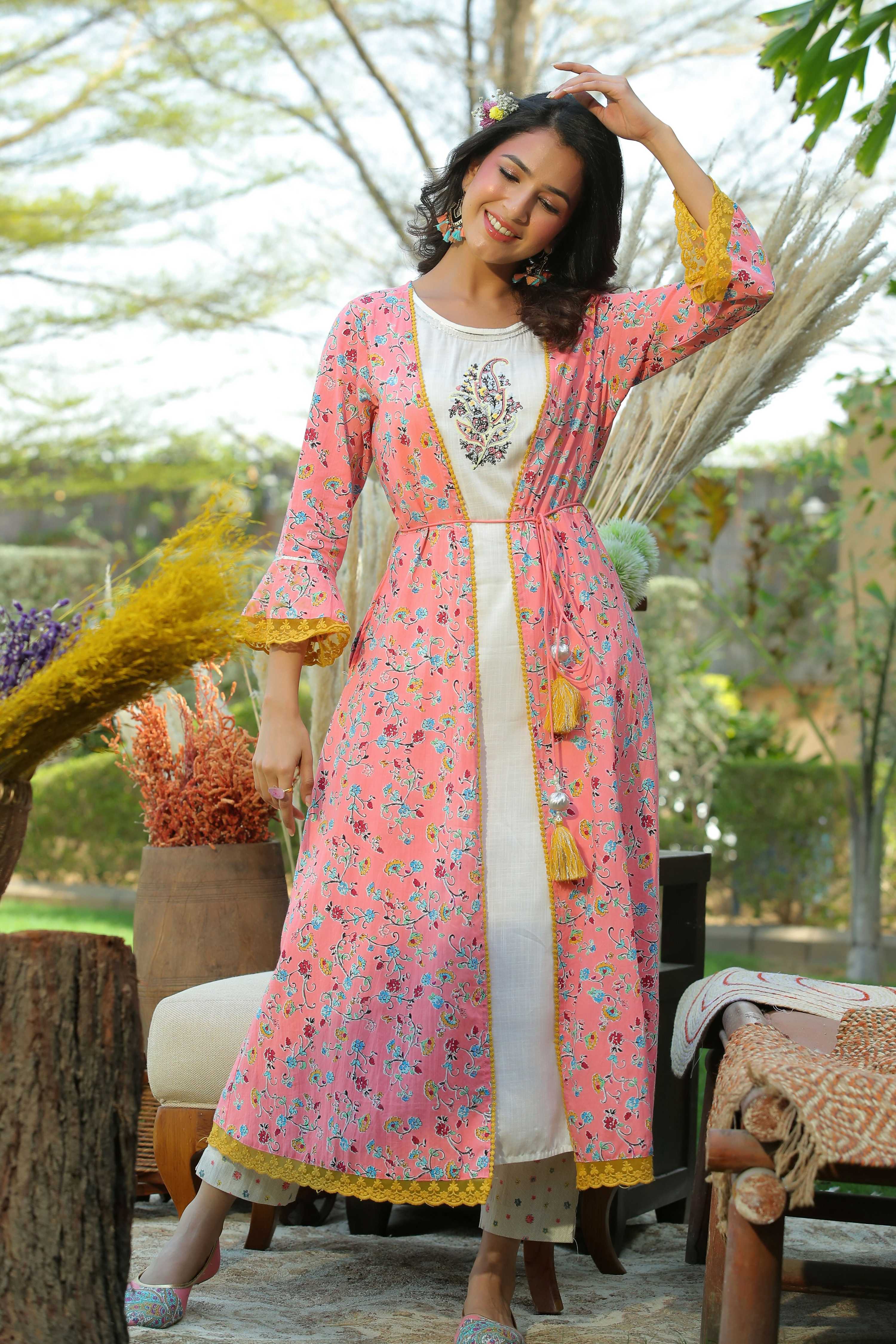Juniper Coral Floral Printed Cotton Lacy Jacket Style Kurta With Thread Work & Dori At Waist