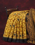 Mustard Yellow And Chikoo Coloured Block Print Handloom Mulmul Cotton Saree By Gayathri Reddy Designer Studio