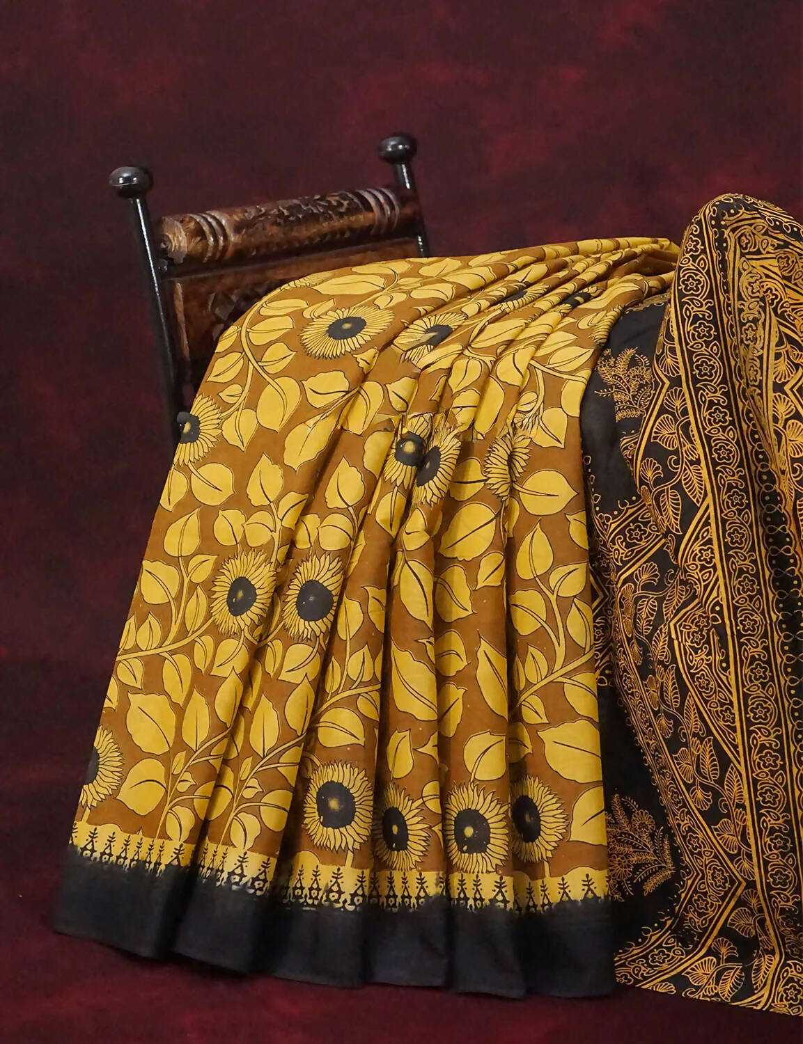 Mustard Yellow And Chikoo Coloured Block Print Handloom Mulmul Cotton Saree By Gayathri Reddy Designer Studio