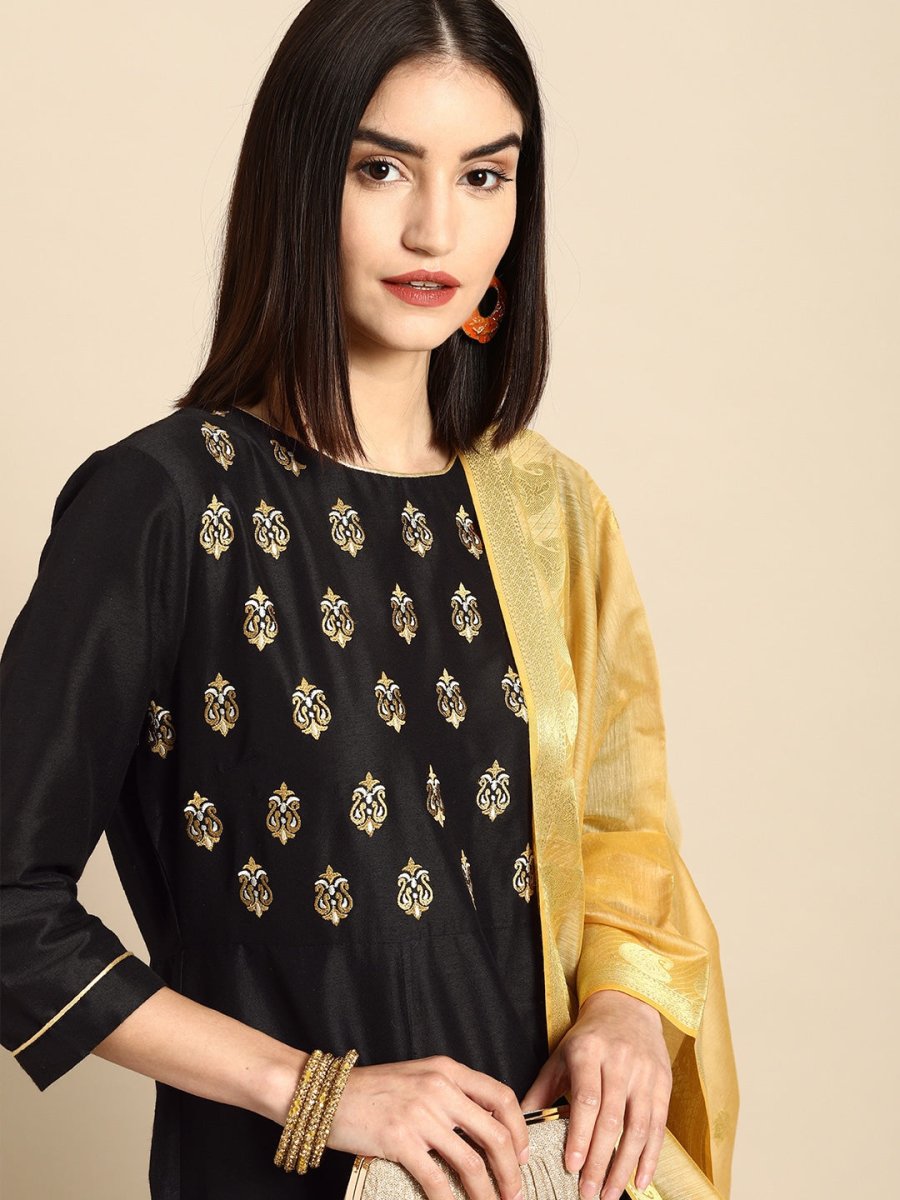 All About You Women Black Printed Regular Kurta with Trousers & With Dupatta