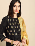 All About You Women Black Printed Regular Kurta with Trousers & With Dupatta