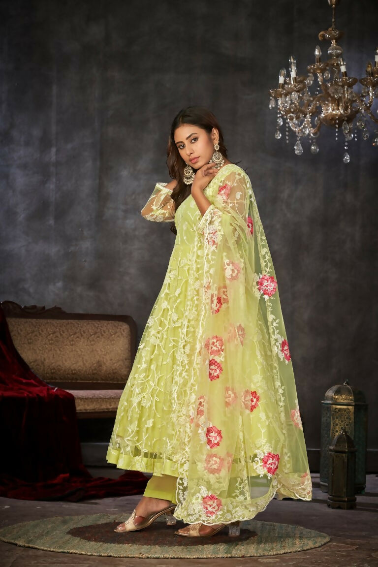 Jyoti Fashion Women's Pista Net Embroidered Anarkali Kurta Pant Set With Dupatta