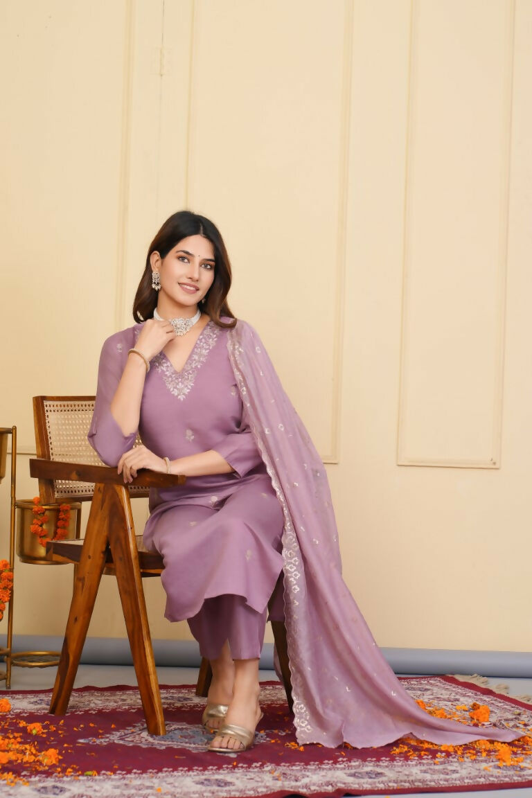 Wine Viscose Chanderi Embroidered Stitched Suit With Dupatta - Tanisha