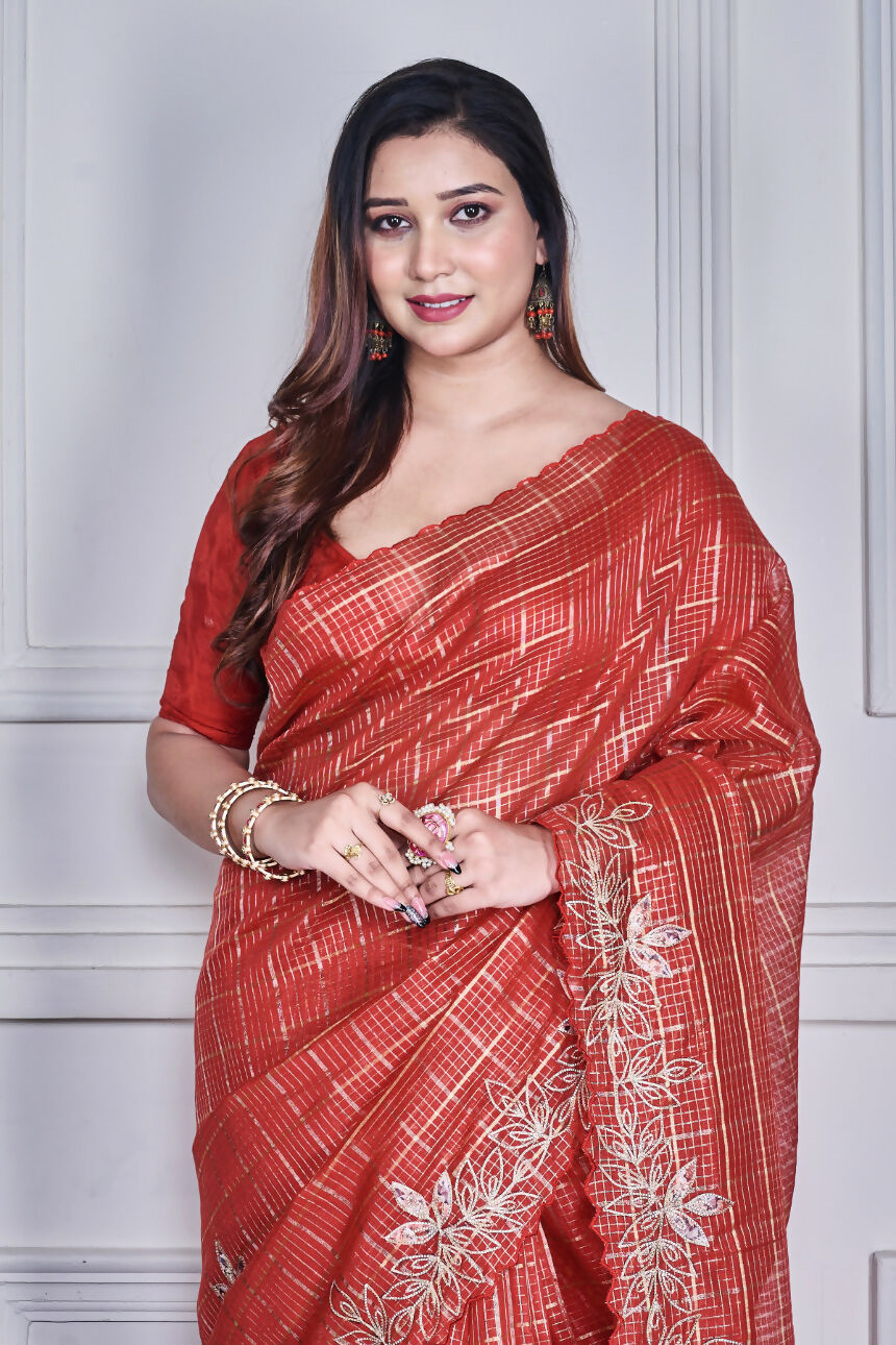 Morchari Red Kota Check Zari Embroidery Saree Unstitched Blouse