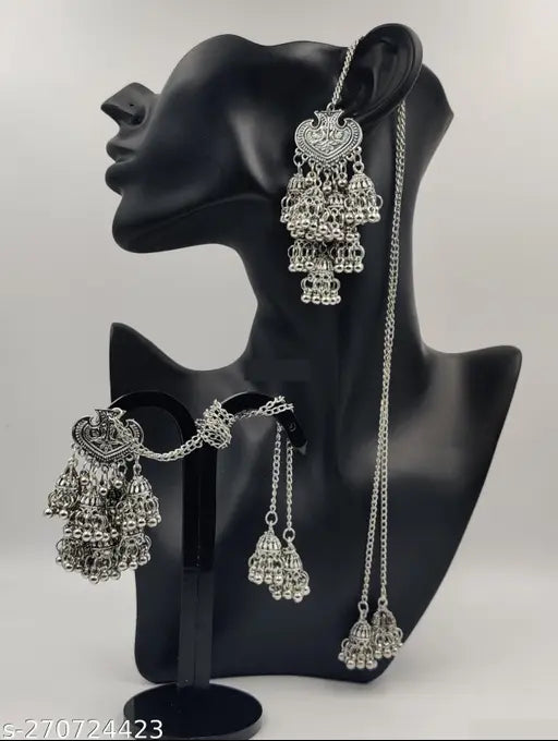 Tehzeeb Creations Women's Silver Colour Oxidised Earring With Hair Chain
