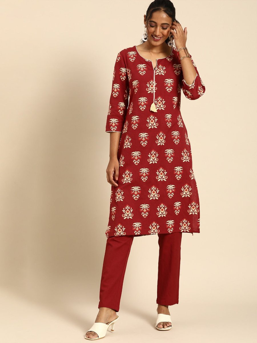 All About You Women Red Floral Printed Pure Cotton Regular Kurta with Trousers