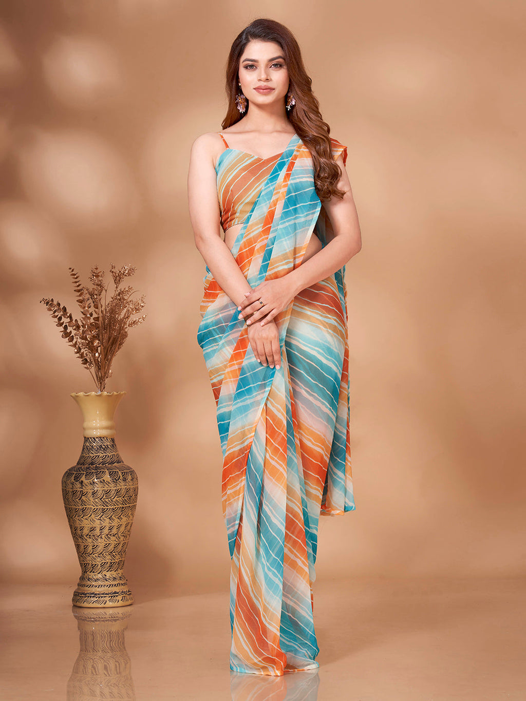 Tikhi Imli Striped Georgette Leheriya Ready to Wear Saree