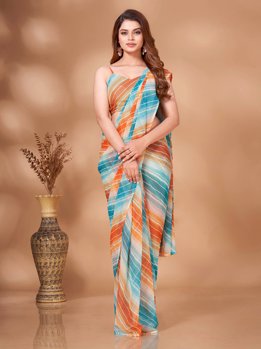 Tikhi Imli Striped Georgette Leheriya Ready to Wear Saree
