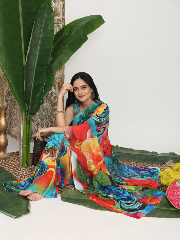 Shivam Fabrics Blue Georgette Fabric Printed Saree
